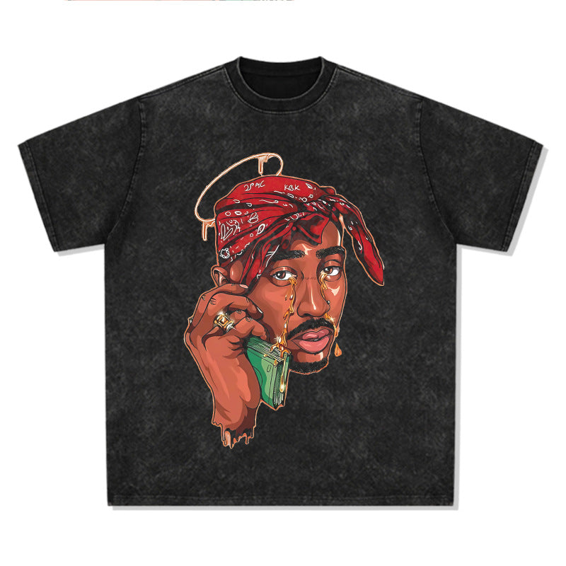 Streetwear masculino vintage hip hop tupac print short sleeve t-shirt