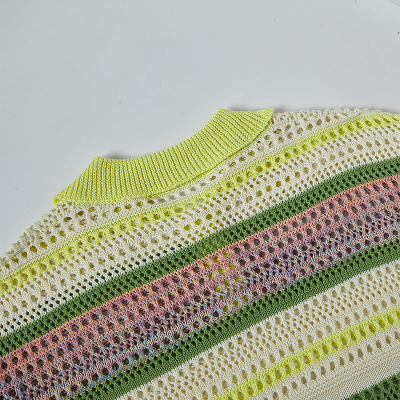 Camisas Retros retro stripes gradual change color spring and summer hollow knit sweater
