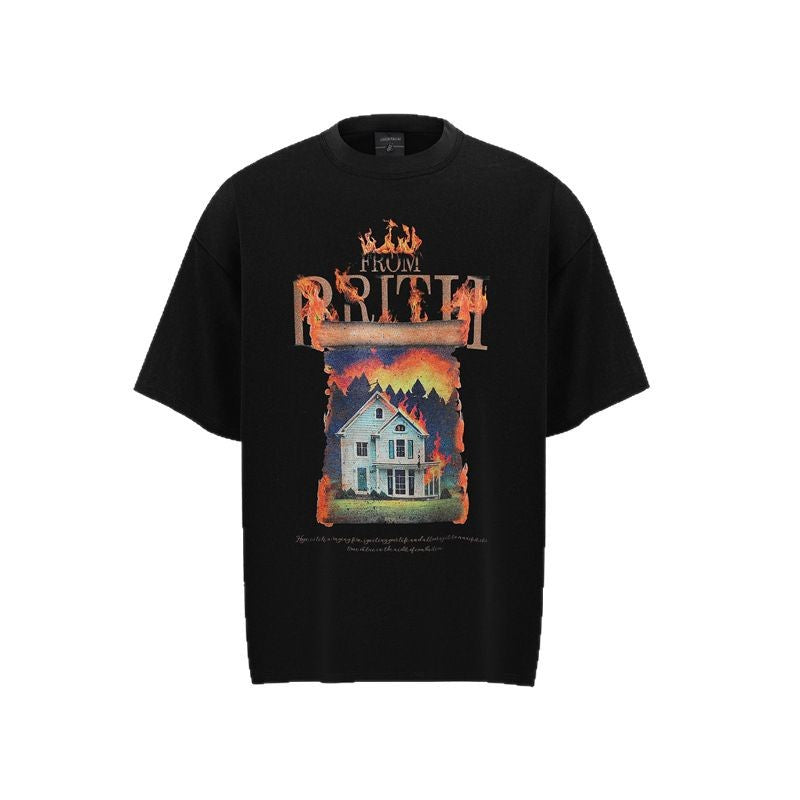 Camisas Retros White Ink Fire House Pattern 3D Printed Design Short Sleeve T-Shirt