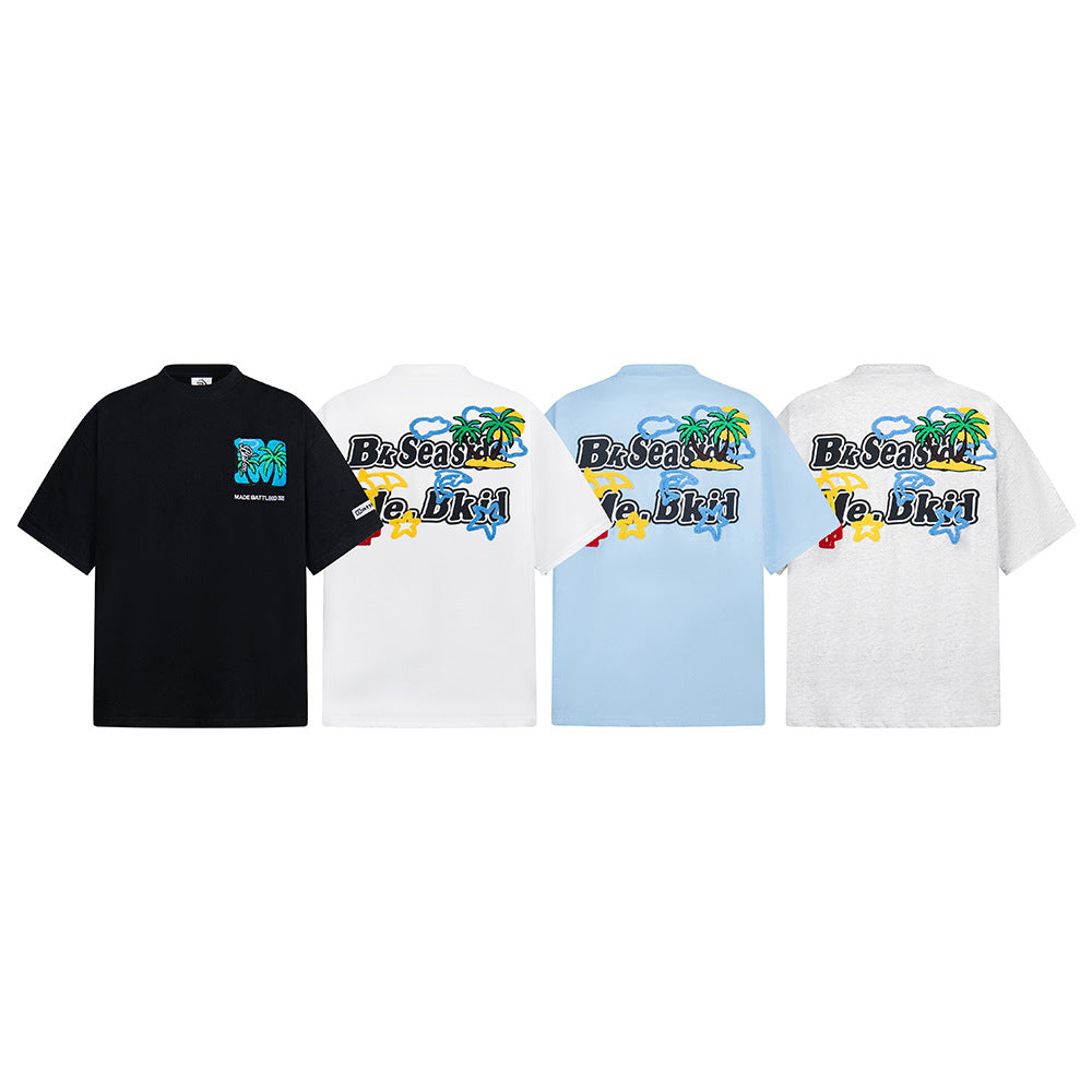 Hip Hop Clothes New York Vintage Alphabet Coconut Embroidered Short Sleeve T-Shirt