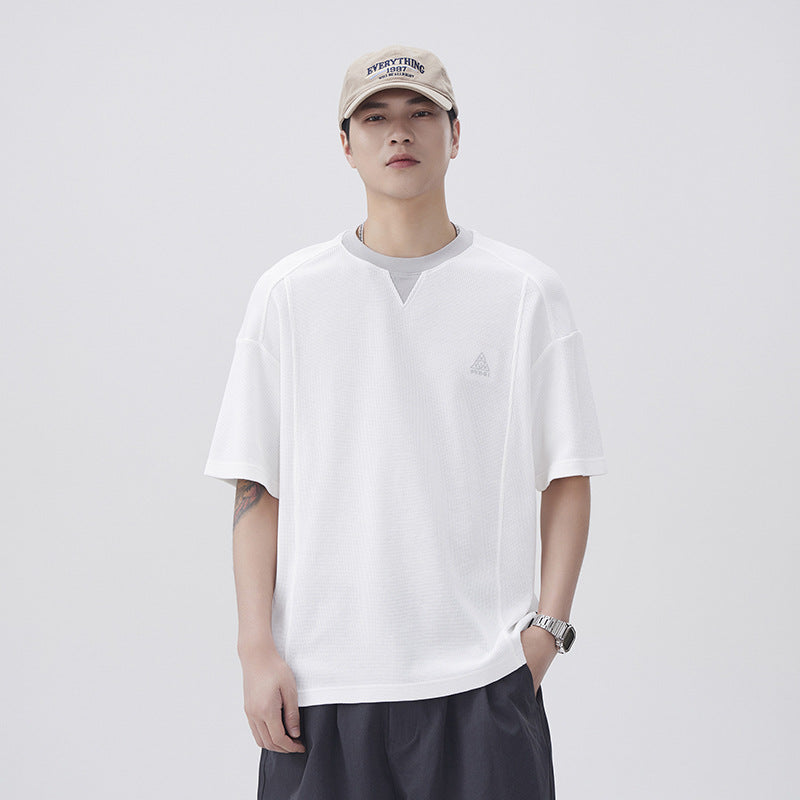 Men T-shirts Fake two-piece splicing short-sleeved top Summer loose