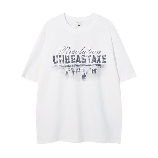 Y2K mens shirt retro loose round neck men's short sleeve T-shirt