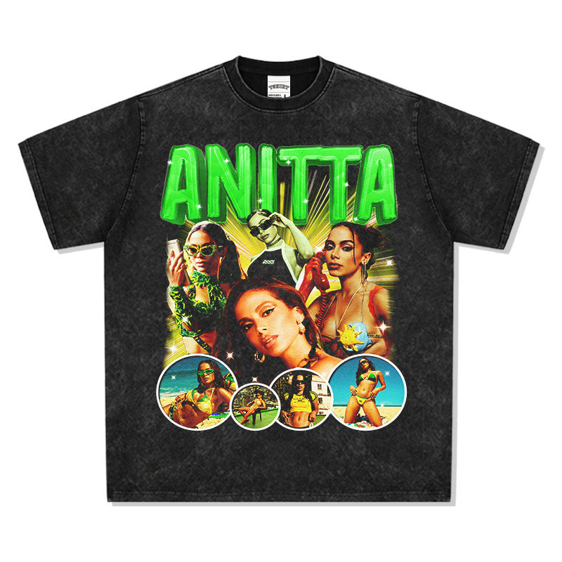 Outfit streetwear vintage hip hop Anitta print short sleeve t-shirt