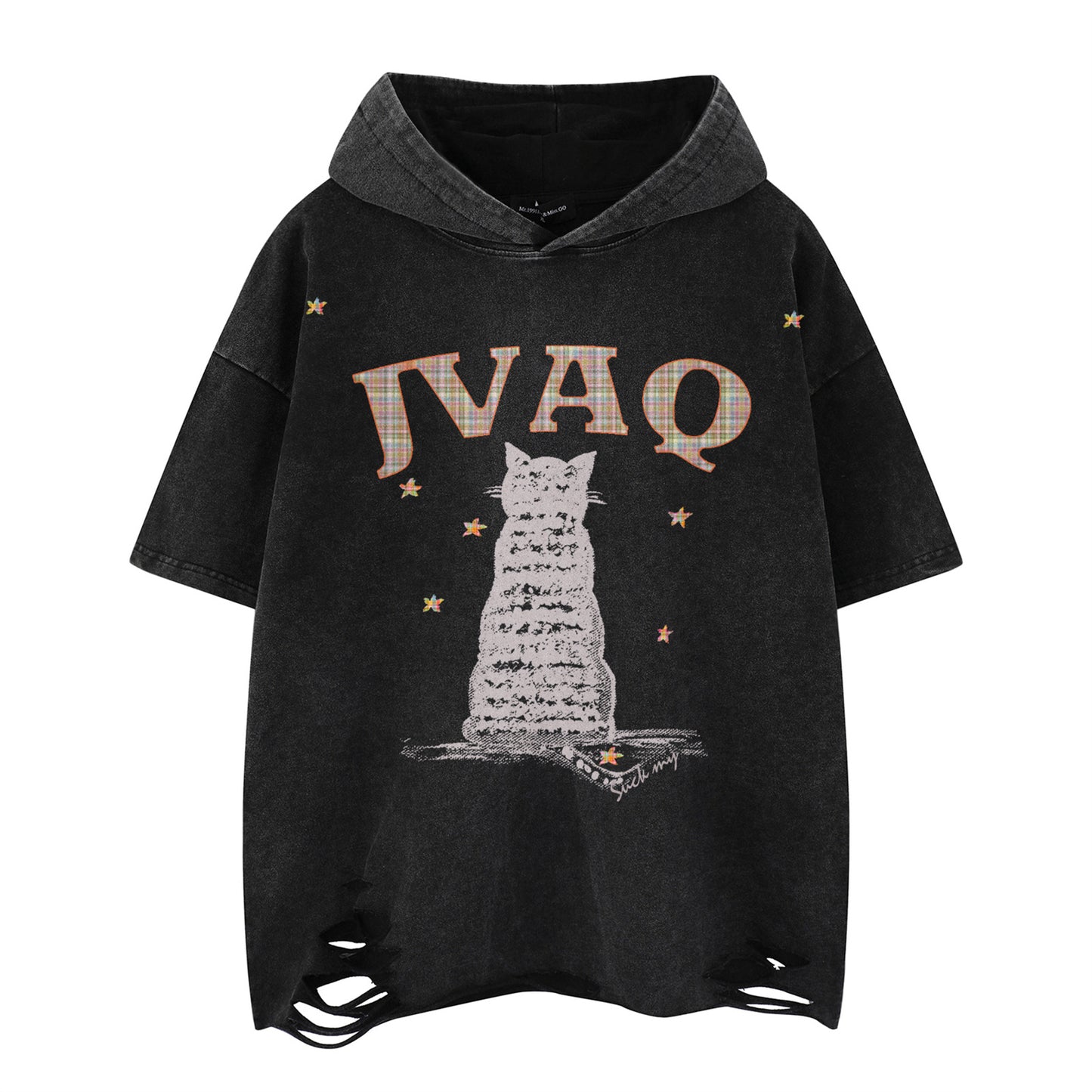 Distorted vintage hooded short-sleeved t-shirt summer loose ripped top