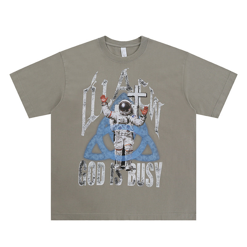 Vic Streetwear Summer Vintage Astronaut Print Crew Neck Short Sleeve T-Shirt