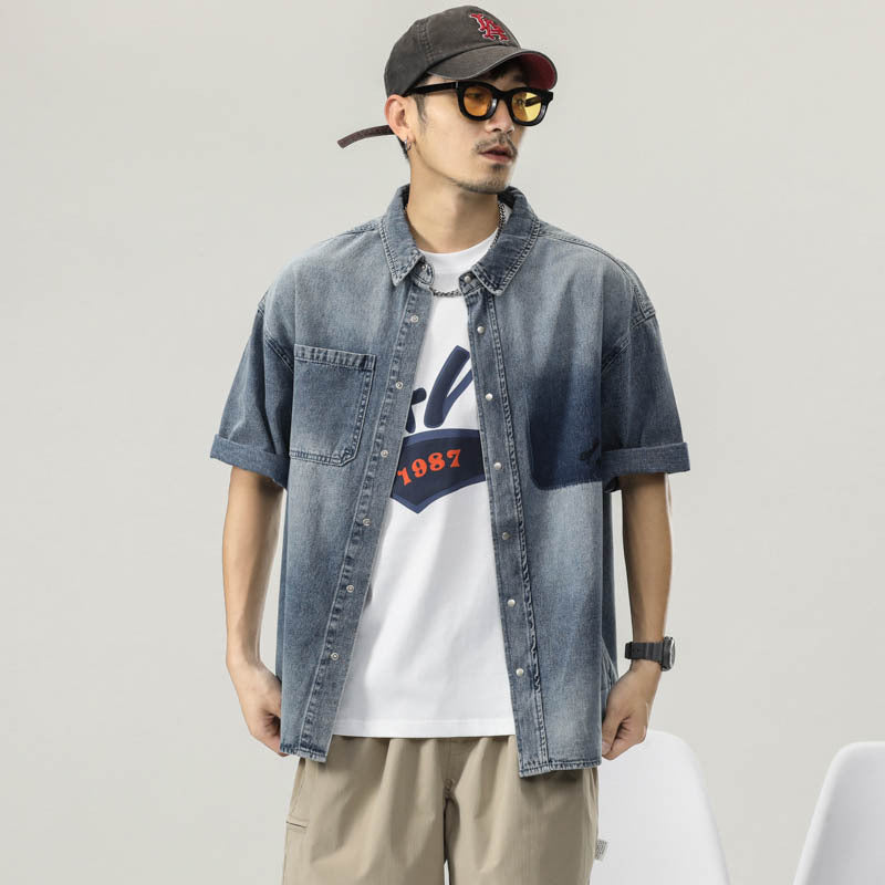 Men T-shirts Vintage Denim Shirt Short Sleeve Summer Loose