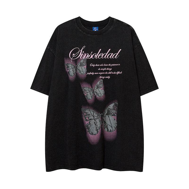 Vintage Tišö Rt Butterfly print washed short-sleeved men's and women's T-shirts