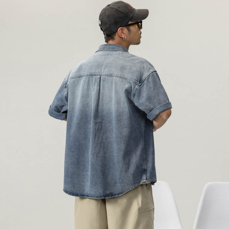 Men T-shirts Vintage Denim Shirt Short Sleeve Summer Loose