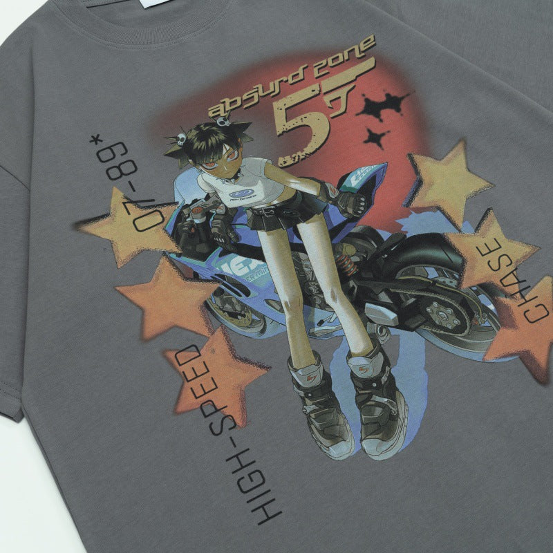 Camisetas Streetwear Summer Vintage Anime Locomotive Print Casual Loose Short Sleeve T-Shirt
