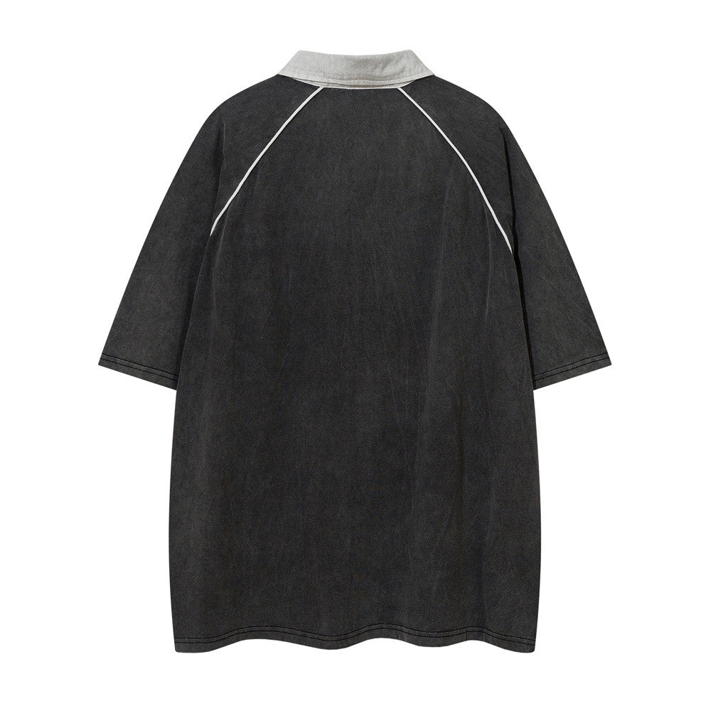 Racing oversized t shirt short-sleeved polo shirt summer embroidered letters washed old lapel T-shirt