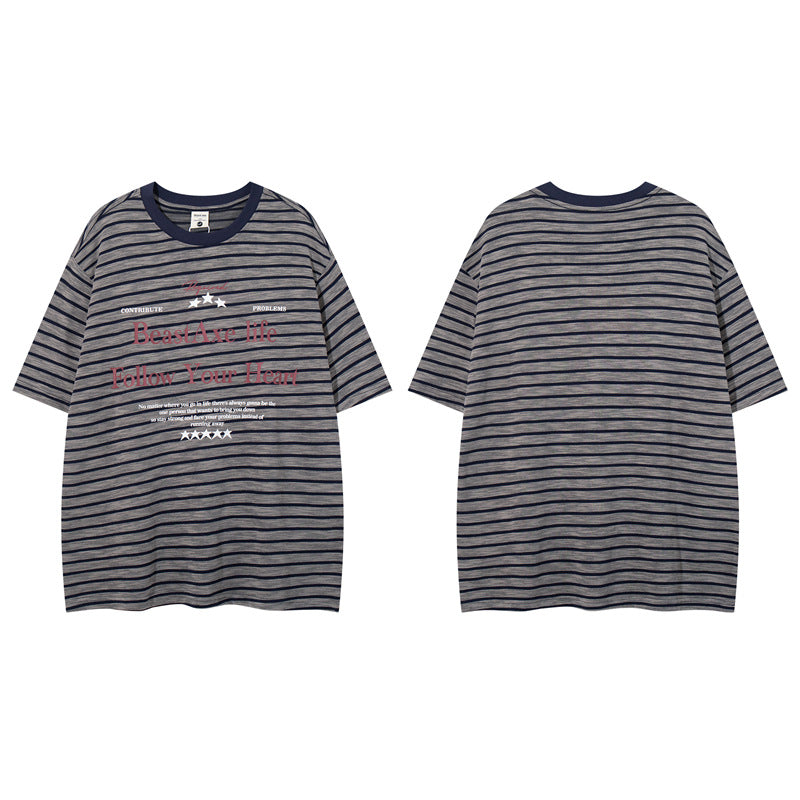 Casual Street Wear Black and White Striped Short Sleeve T-Shirt Cleanfit