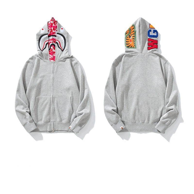 Ape Hoodie Shark Double Hat Embroidered Zip Sweater Casual Loose Hooded Jacket