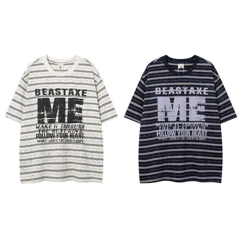 Y2K mens shirt retro old striped crew neck casual t-shirt