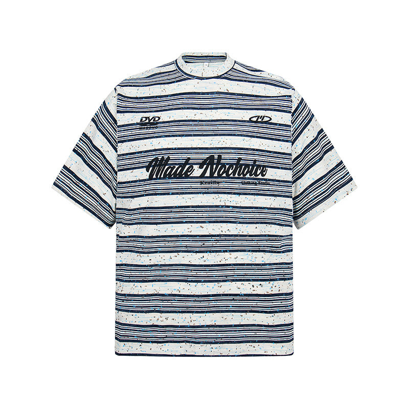 New York Hip Hop Style Vintage Alphabet Print Crew Neck Loose Striped Short Sleeve T-Shirt