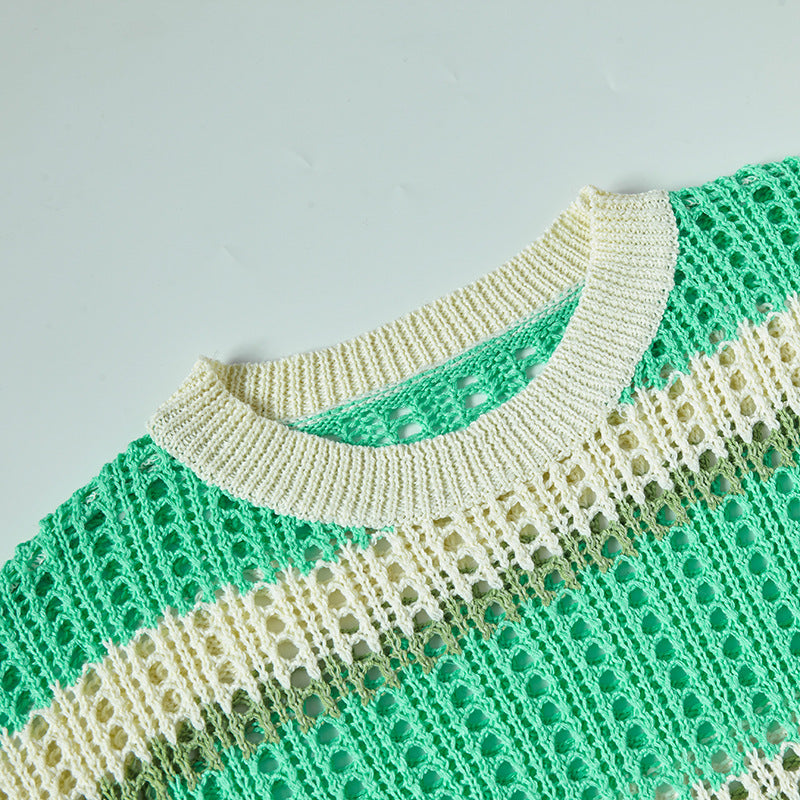 Camisas Retros Striped Contrast Crew Neck Knitted Short Sleeve T-Shirt