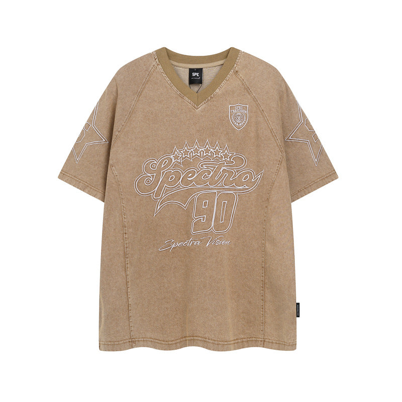 Y2K mens shirt washed tie-dye spray-painted retro V-neck men's short-sleeved T-shirt