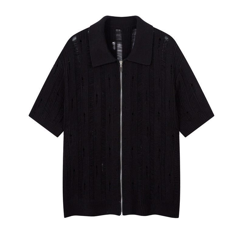 Casual Street Wear Vintage Hollow Knitted Short Sleeve Shirt Summer Casual Lapel Loose