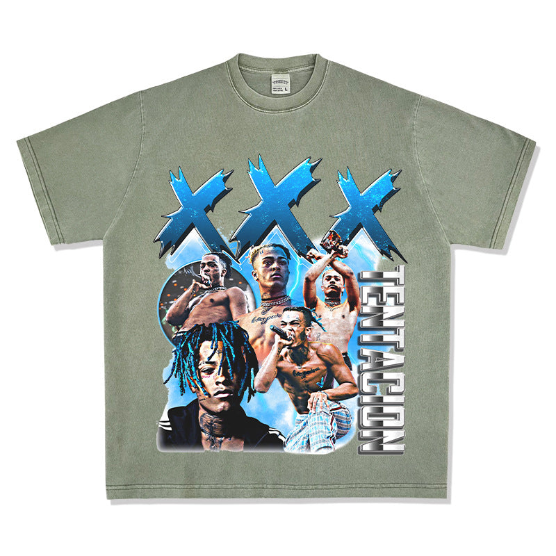 Streetwear masculino vintage hip hop rap XXX Tentacion print short sleeve t-shirt