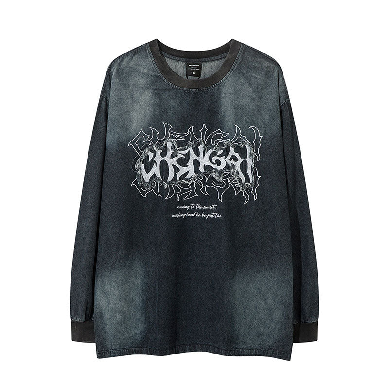 Marcas De Streetwear Vintage Old Alphabet Patch Embroidered Denim Long Sleeve T-Shirt