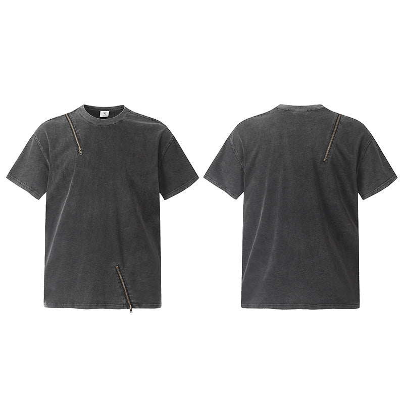 Hip Hop Clothes New York Vintage Washed Old Zip Decorative Short Sleeve T-Shirt