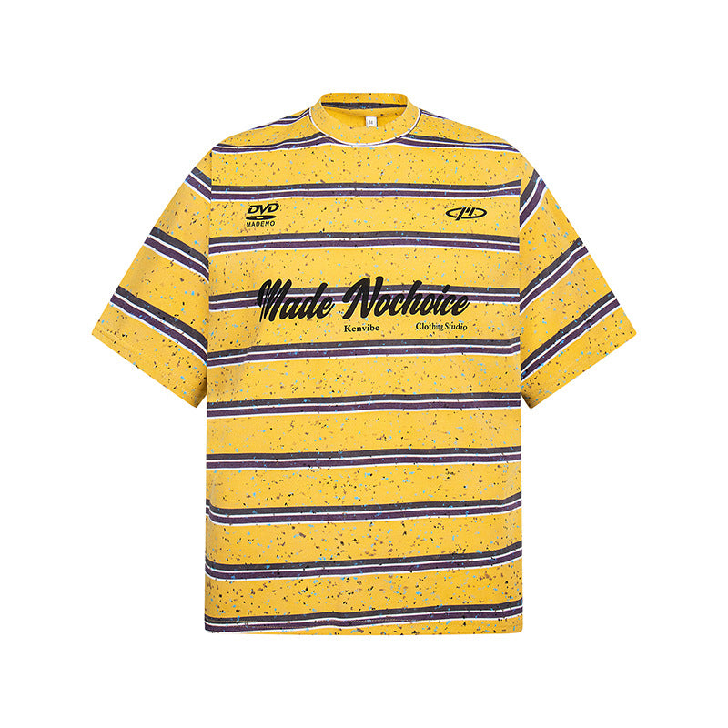 New York Hip Hop Style Vintage Alphabet Print Crew Neck Loose Striped Short Sleeve T-Shirt