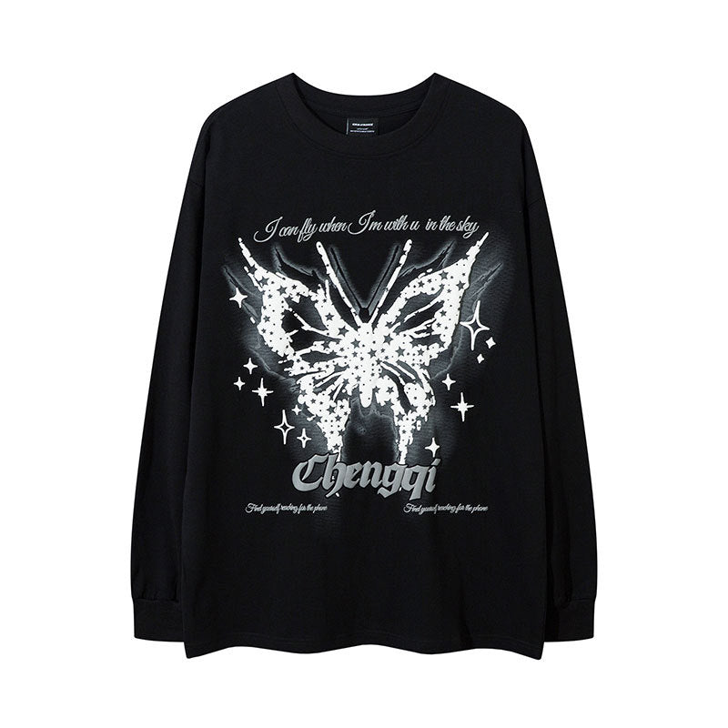 Marcas De Streetwear Autumn Long Sleeve T-Shirt Butterfly Graffiti Print Loose Top