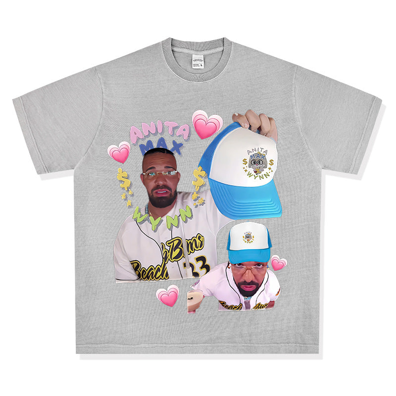Outfit streetwear vintage hip hop drake print short sleeve t-shirt