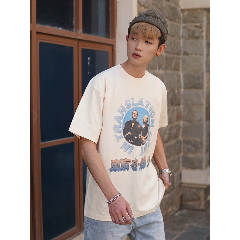Film Star T Shirt Movie Lost in Tokyo Trendy Cotton Short Sleeve Loose round Neck American Retro T-shirt for Men