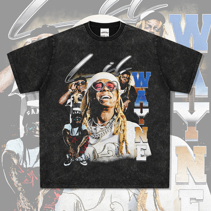 Streetwear masculino retro Lil Wayne print short sleeve t-shirt