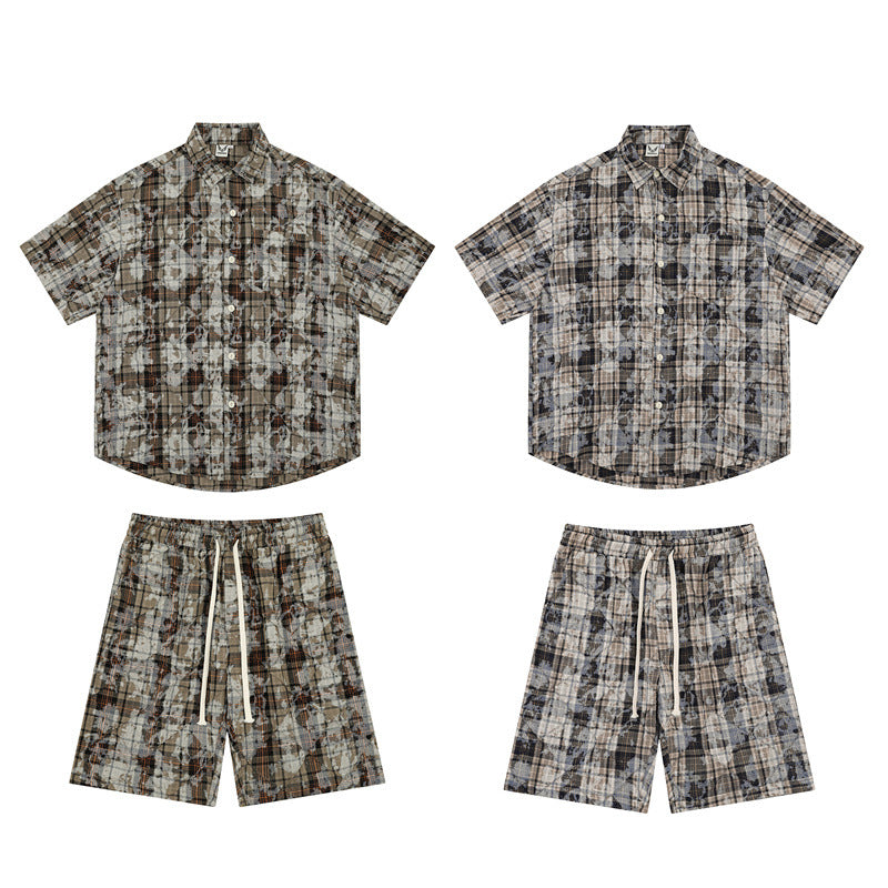 Stone Wash T shirt Retro plaid short-sleeved shirt Summer loose shorts