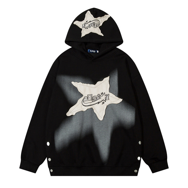 Streetwear Hoodie gradual change print pentagram patch embroidered hooded sweater