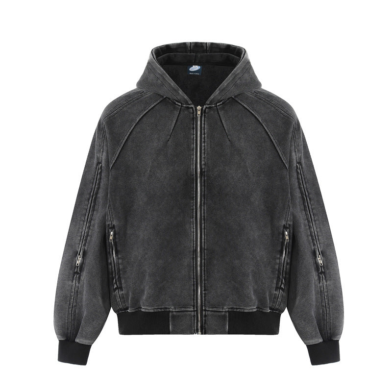 Streetwear Hoodie Vintage Washed Old Hooded Sweater Loose Zip Cardigan Jacket