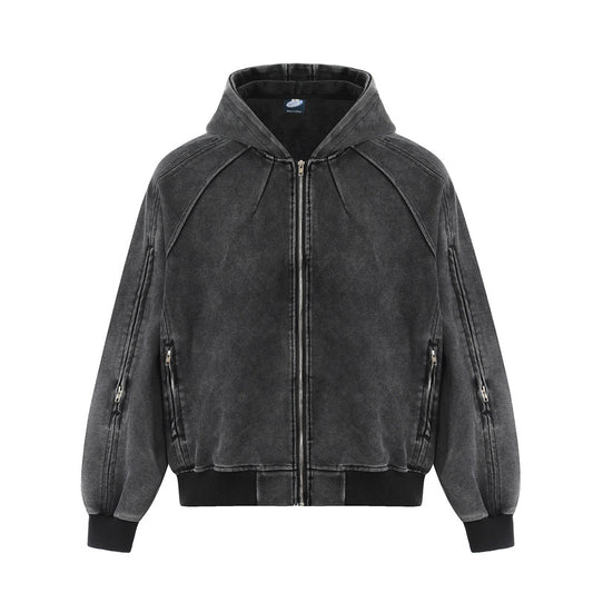 Streetwear Hoodie Vintage Washed Old Hooded Sweater Loose Zip Cardigan Jacket