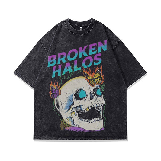 Ropa Vintage Hombre Skull Print Washed Crew Neck Short Sleeve T-Shirt