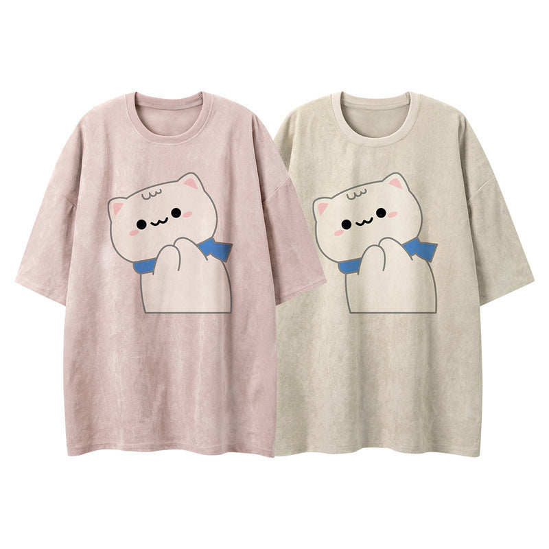 US drip outfits summer vintage kitten print casual loose short sleeve T-Shirts