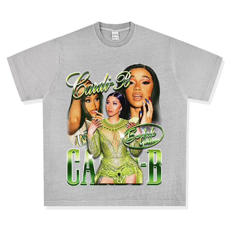 Streetwear Masculino Vintage Long Sleeve Short Sleeve T-Shirt Rap Cardi B Print Top
