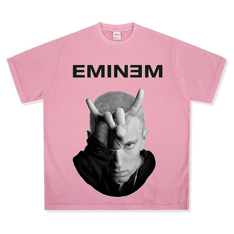Streetwear masculino hip hop emperor Eminem vintage washed do old short sleeve t-shirt