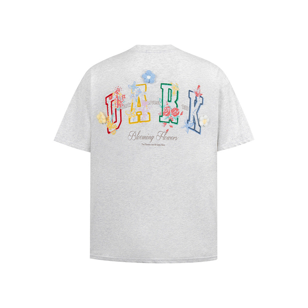 Hip Hop Clothes New York Vintage Embroidery Floral Alphabet Print Short Sleeve T-Shirt