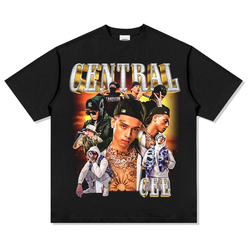 Streetwear masculino vintage hip hop central cee jinchi print short sleeve t-shirt