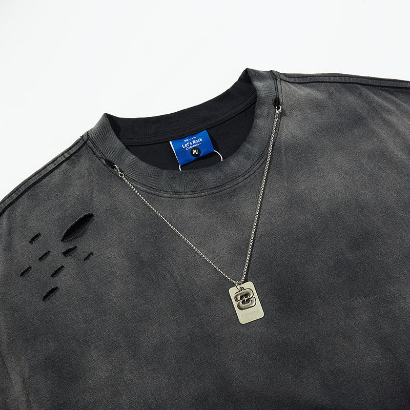 Retro Style Shirt For Men Summer Necklace tee Washed Short Sleeve T-Shirt