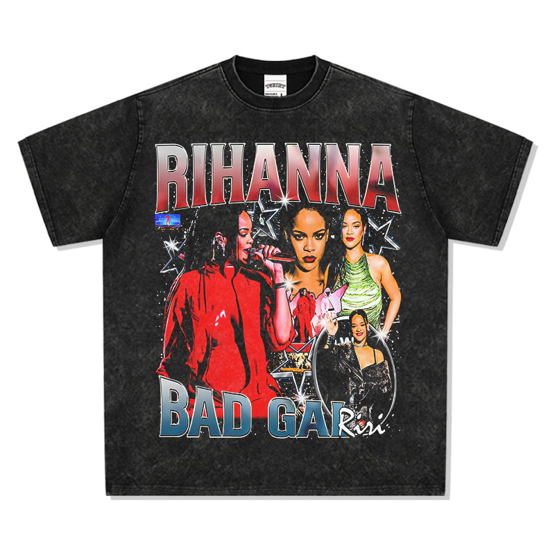 Outfit streetwear vintage Rihanna hip hop print short sleeve t-shirt