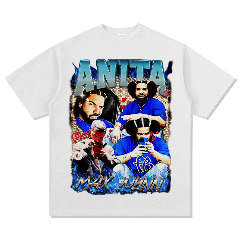 Marcas streetwear usa vintage hip hop Drake AnitaMaxWin print short sleeve t-shirt