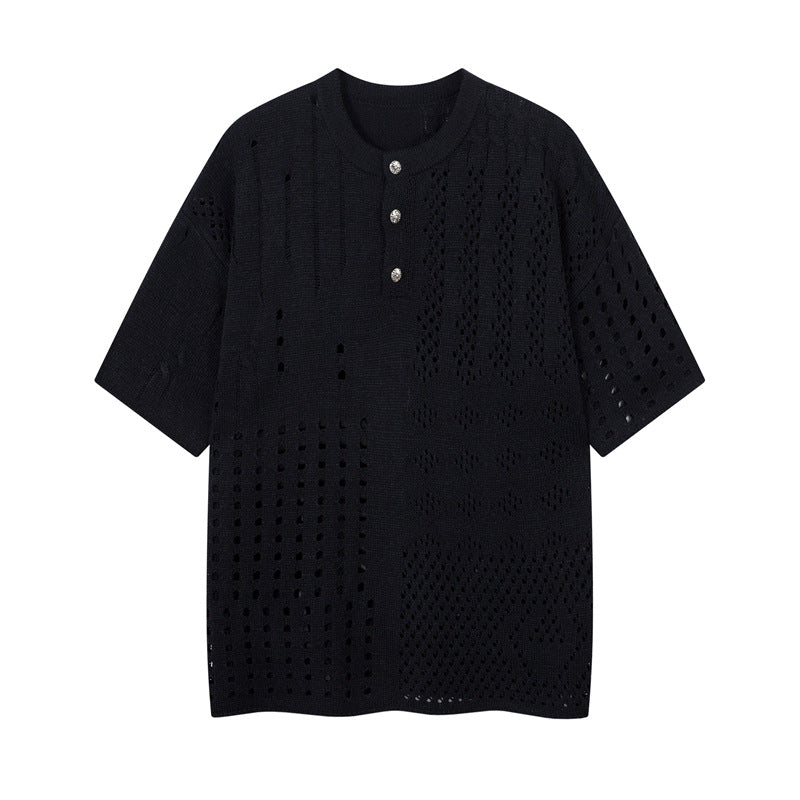 Casual Street Wear Vintage Knitted Sweater Loose Crew Neck Short Sleeve T-Shirt