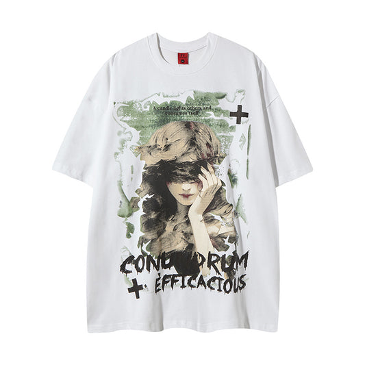 Distorted vintage summer wash do old character print short sleeve t-shirt loose top