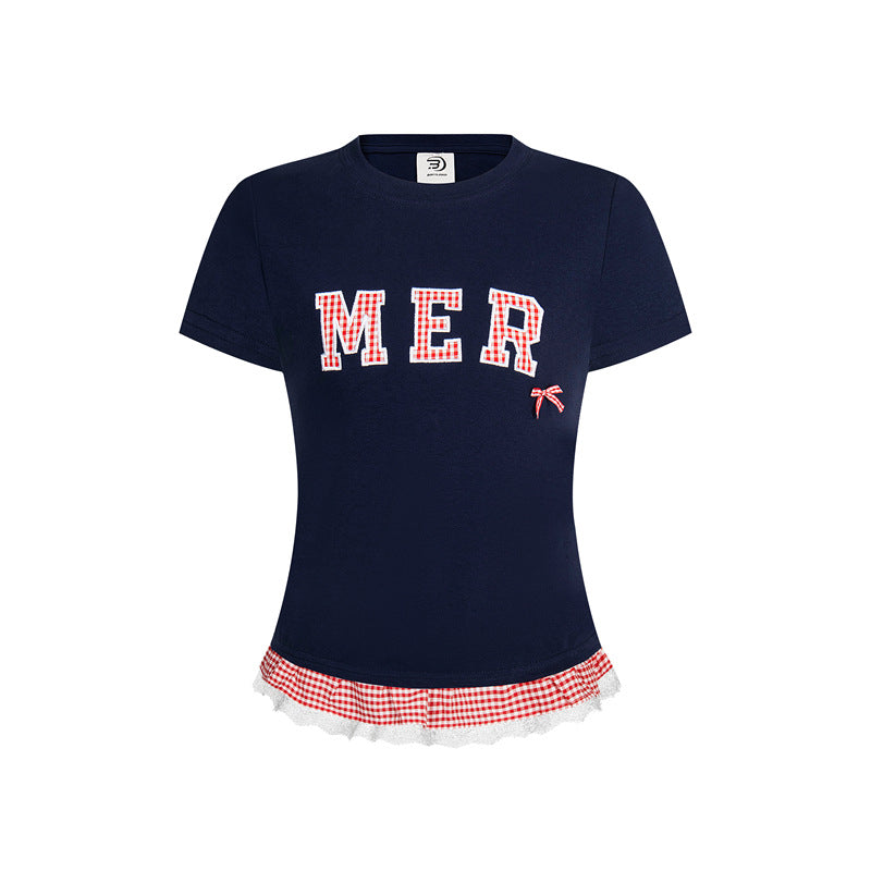 Casual Street Wear Embroidered Classic Alphabet Bow T-Shirt Crew Neck