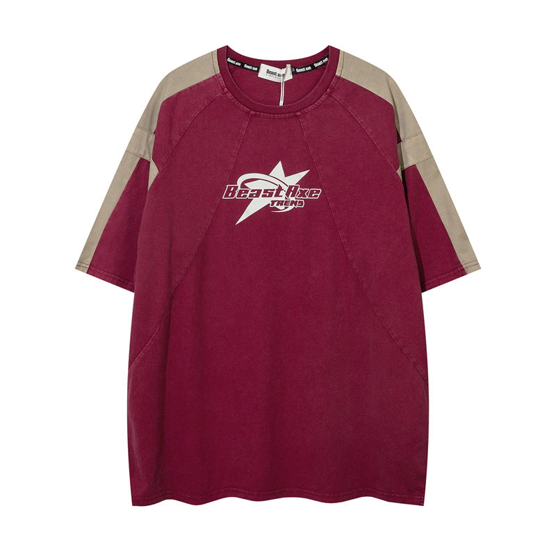 Y2K mens shirt contrasting color short-sleeved t-shirt casual