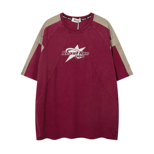 Y2K mens shirt contrasting color short-sleeved t-shirt casual