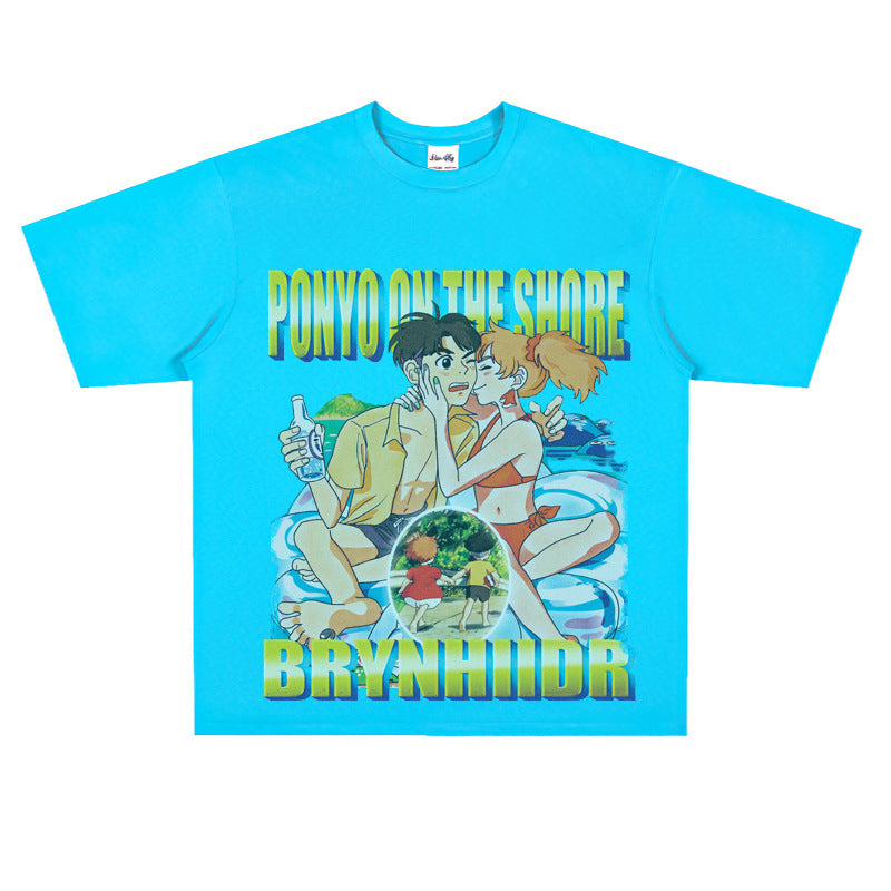 Film Star T Shirt Japanese Cartoons Animation Ponyo on the Cliff by the Sea Movie Loose Heavy Street Cotton T-shirt