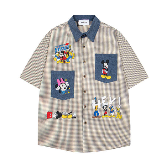 Y2K mens shirt vintage plaid embroidery college style short-sleeved plaid shirt