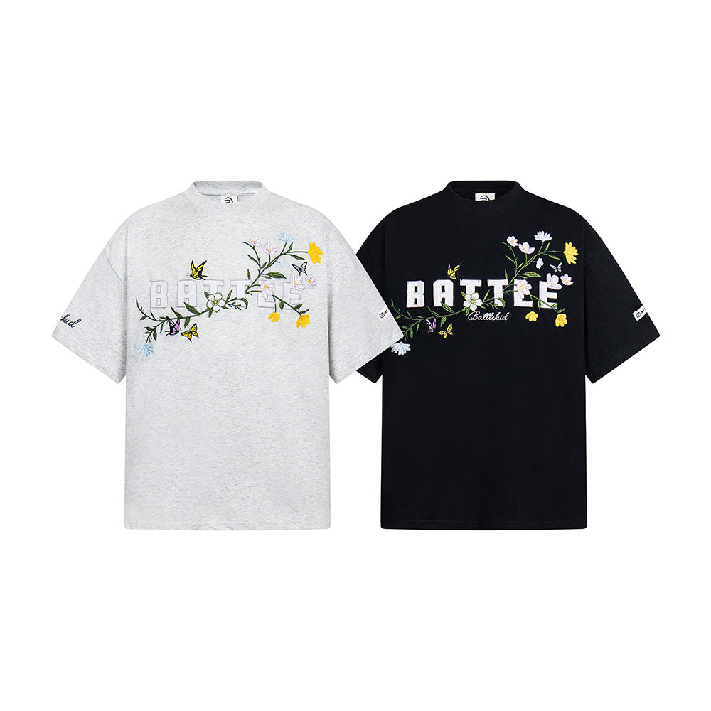 Hip hop shirt vintage plant flower embroidered crew neck t-shirt